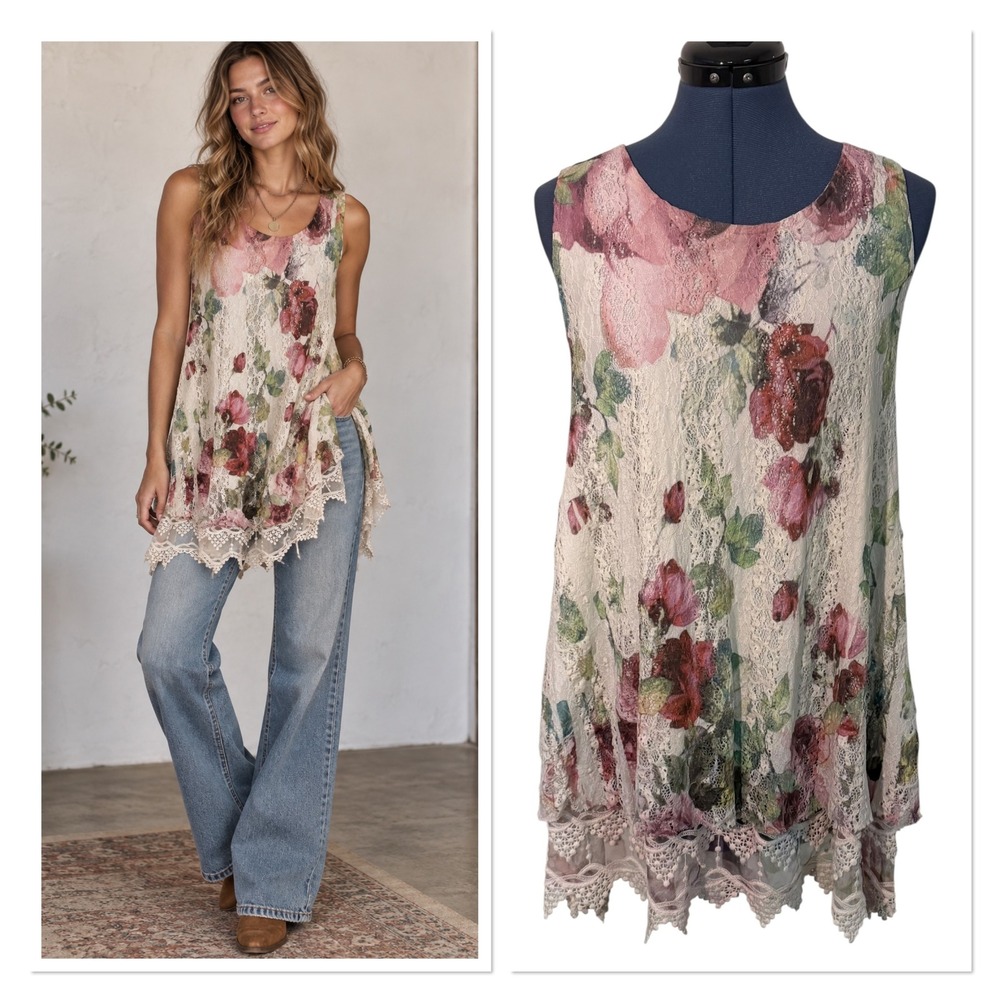 Origami Vivien Floral Lace Sleeveless Tunic Top Crochet Trim Pink Coquette S